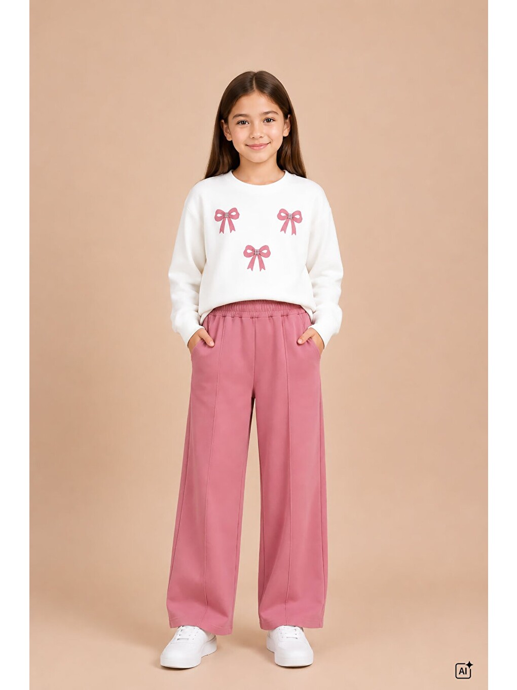 Pembe Kız Çocuk Fiyonk Desenli Sweatshirt Geniş Paça Eşofman Takımı 24824-2