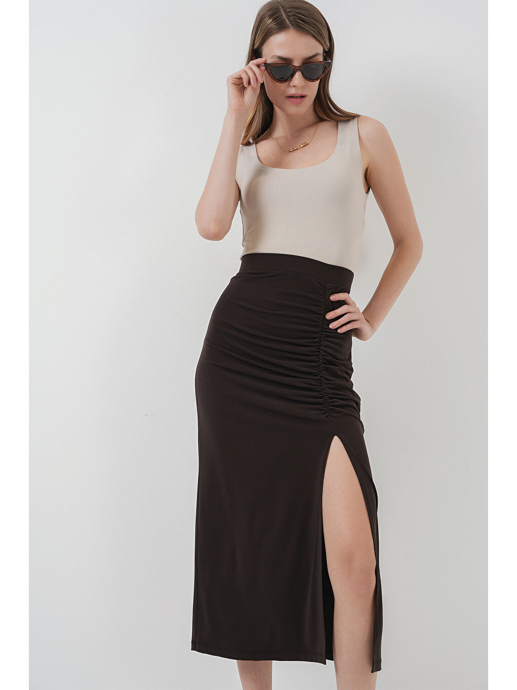 8033 Sandy Yırtmaçlı Etek - Kahverengi-1