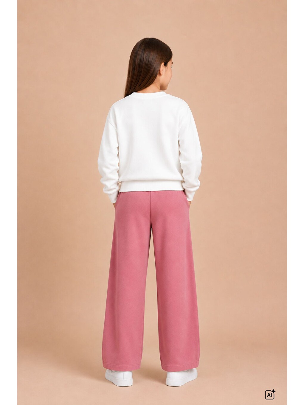 Pembe Kız Çocuk Fiyonk Desenli Sweatshirt Geniş Paça Eşofman Takımı 24824-3