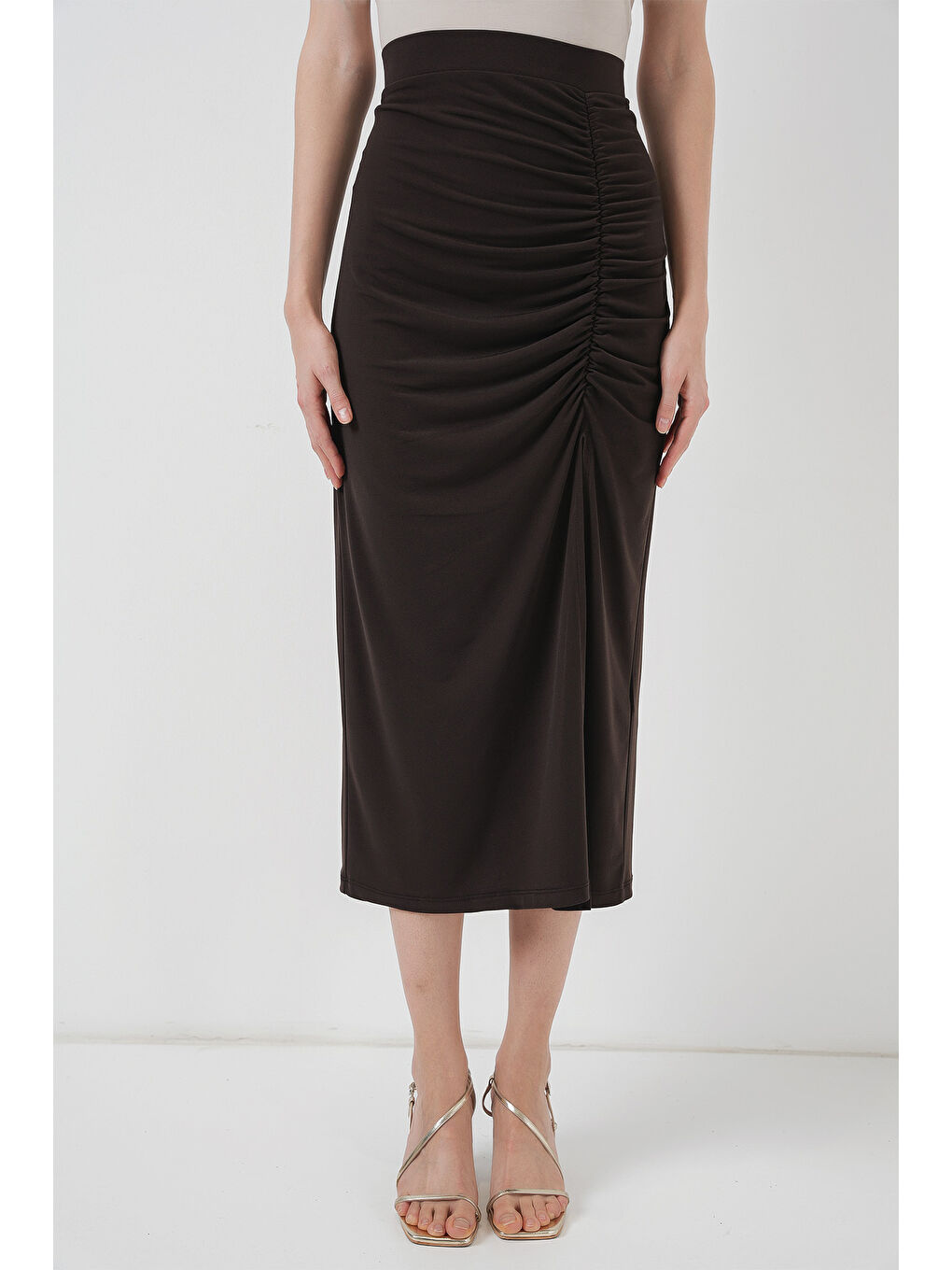 8033 Sandy Yırtmaçlı Etek - Kahverengi-2