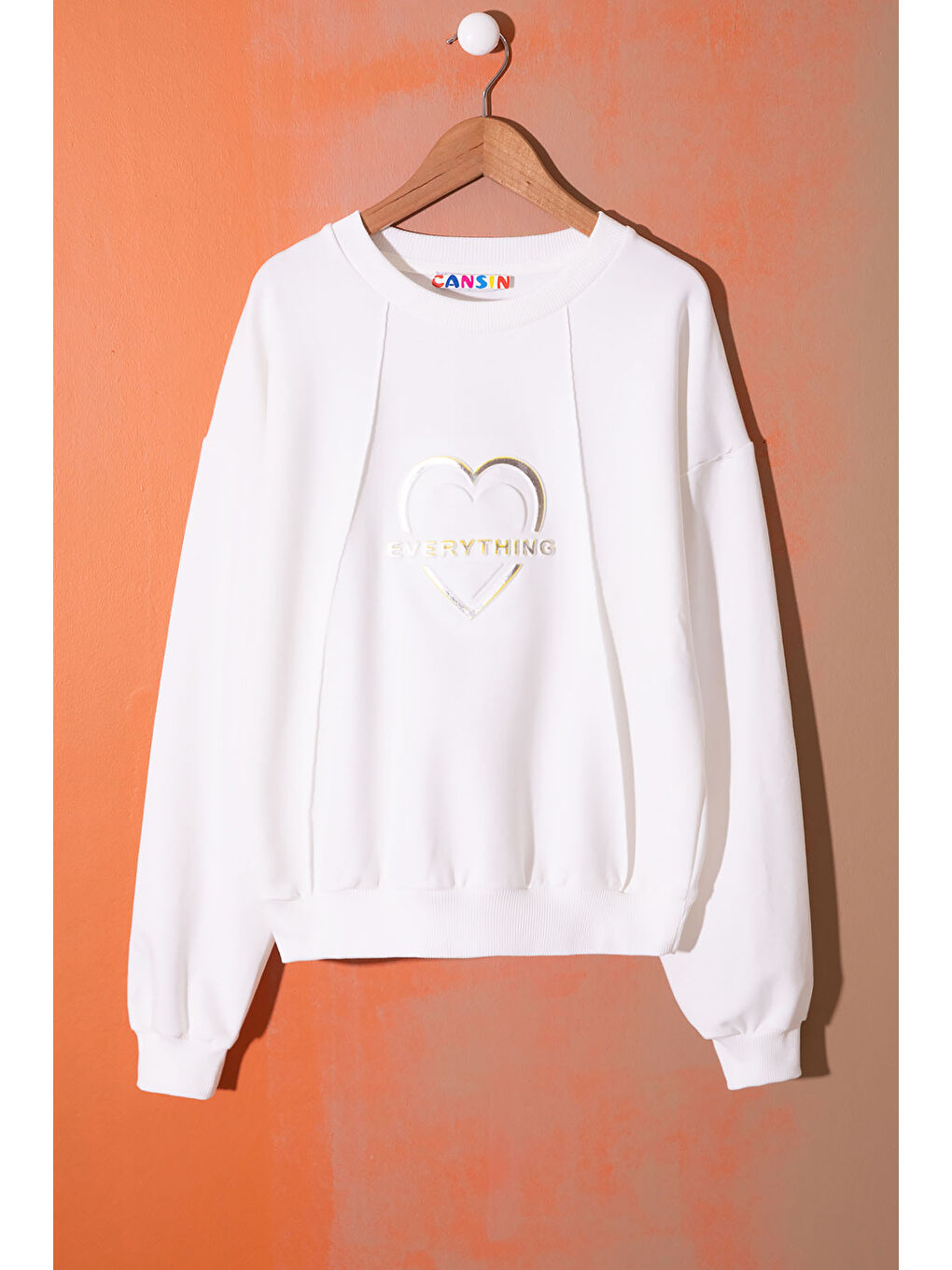 Ekru Kalp Kabartmalı Bisiklet Yaka Kız Çocuk Sweatshirt 19660