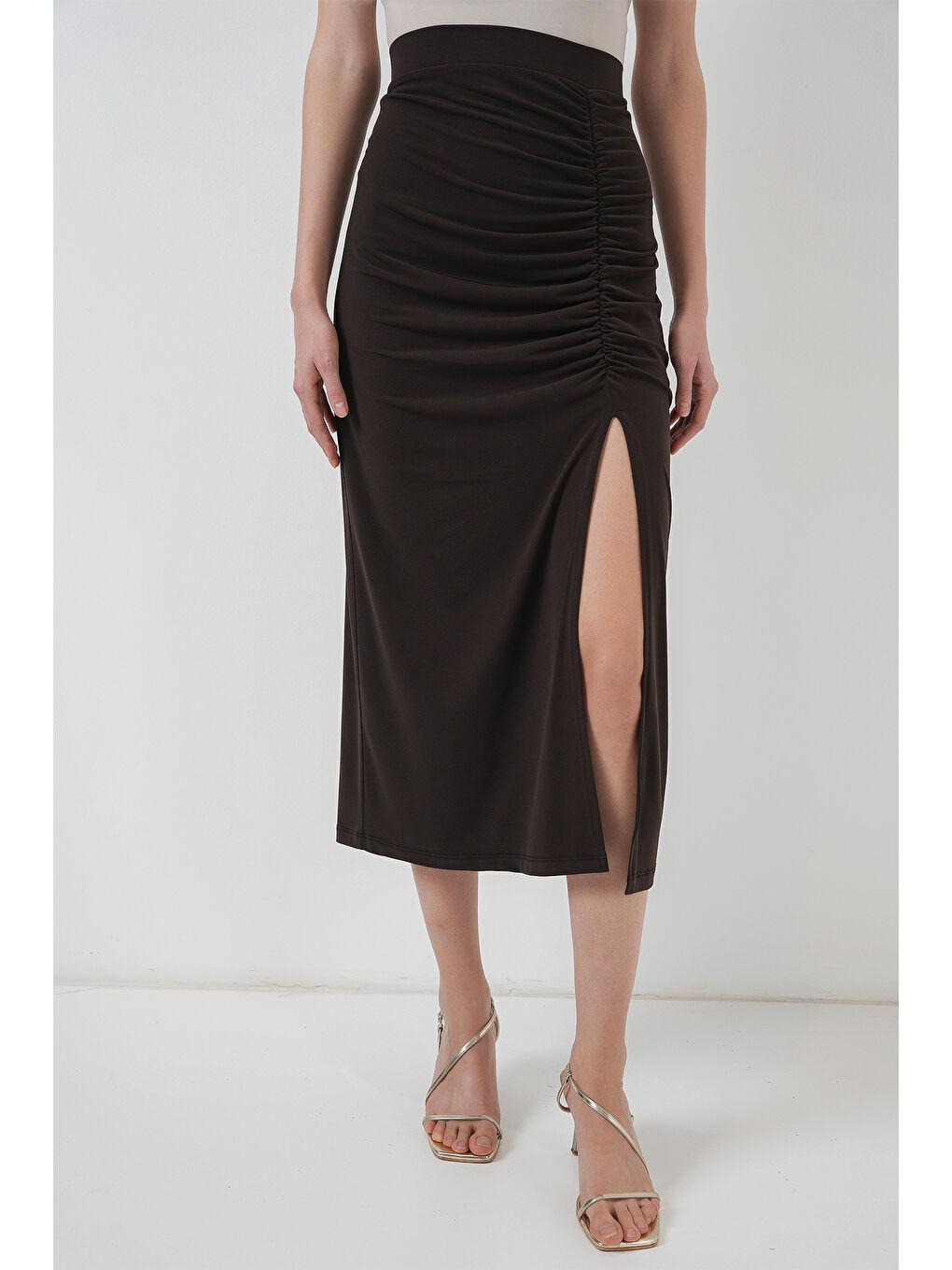 8033 Sandy Yırtmaçlı Etek - Kahverengi-4