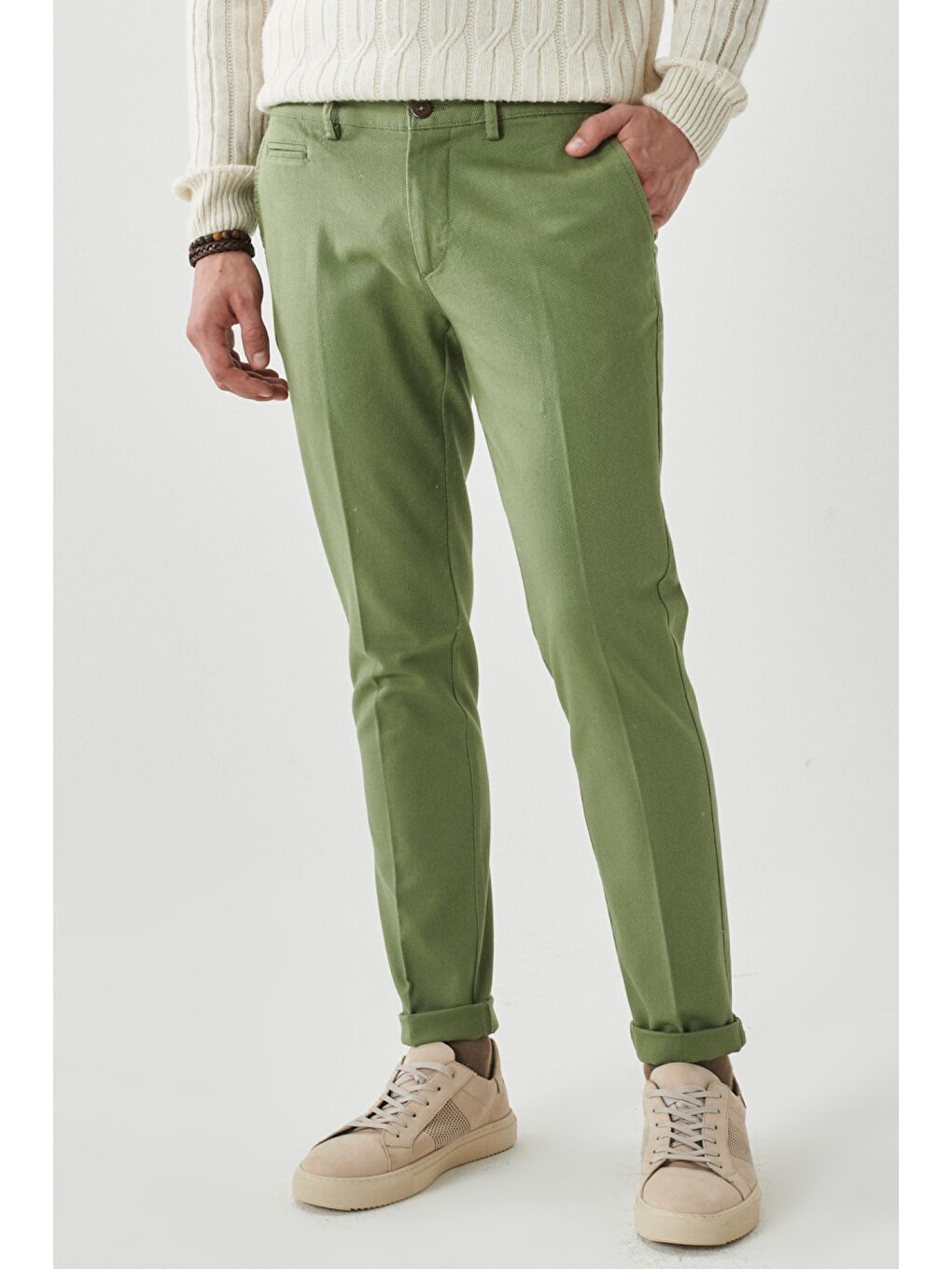 Erkek Yeşil Slim Fit Dar Kesim Armürlü Yan Cep Casual Pantolon