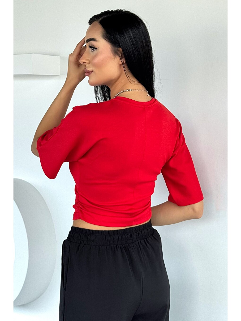 Kırmızı Kadın Bel Büzgülü Tişört-3