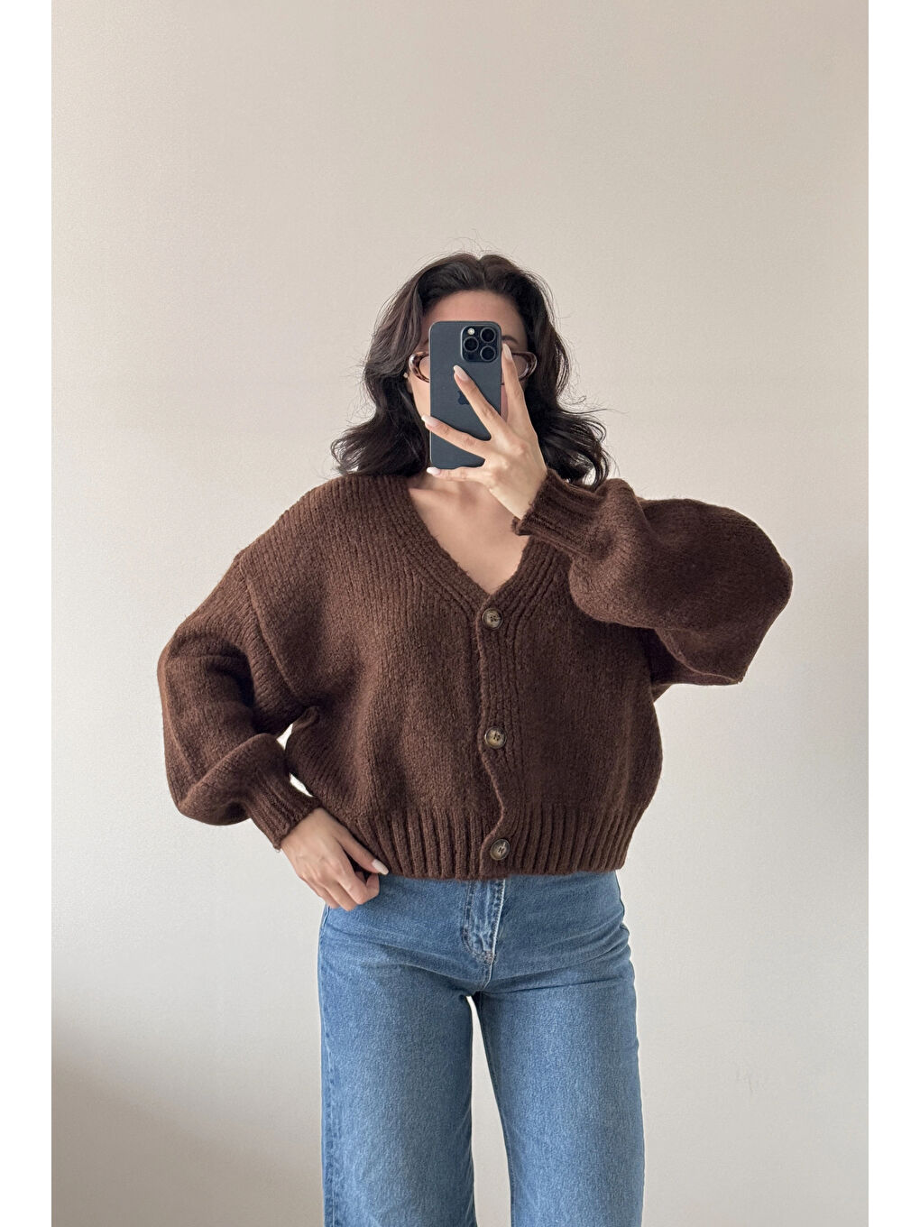 Kahverengi Kadın Kahve V Yaka Hırka 2432-3