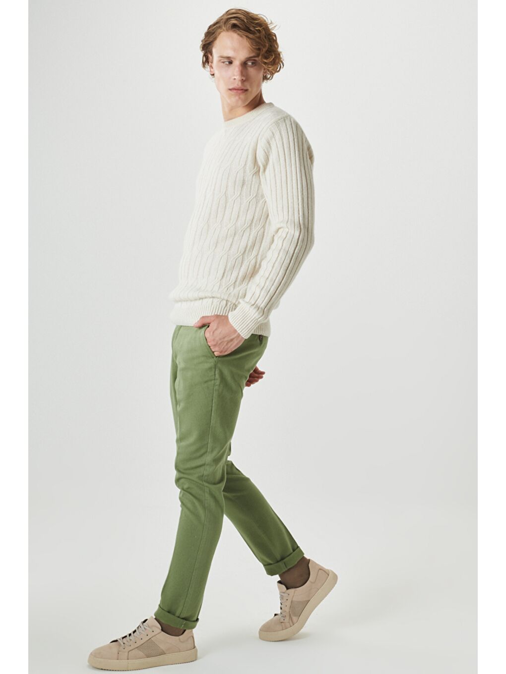 Erkek Yeşil Slim Fit Dar Kesim Armürlü Yan Cep Casual Pantolon-2