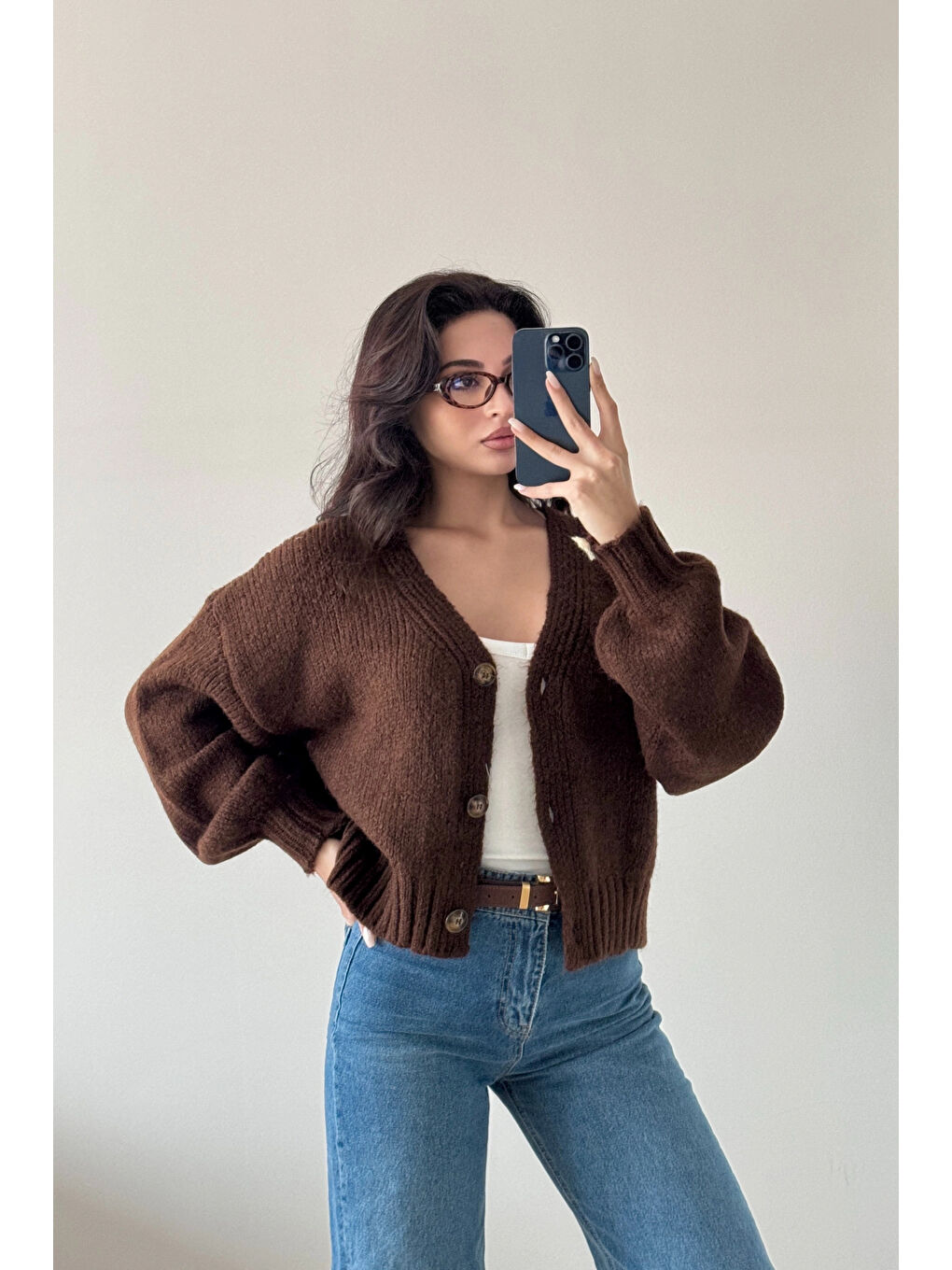 Kahverengi Kadın Kahve V Yaka Hırka 2432-4