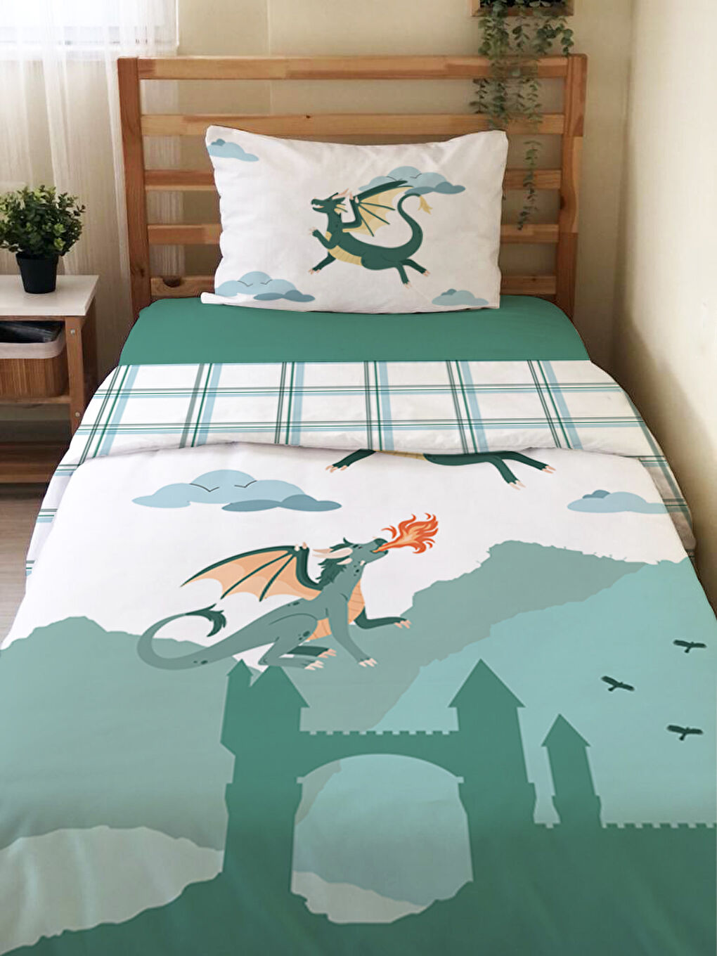 Karışık Dragon Desenli Çarşafsız 2'li Takım Baskılı Tek Kişilik Nevresim Takımı 160x220 cm-1