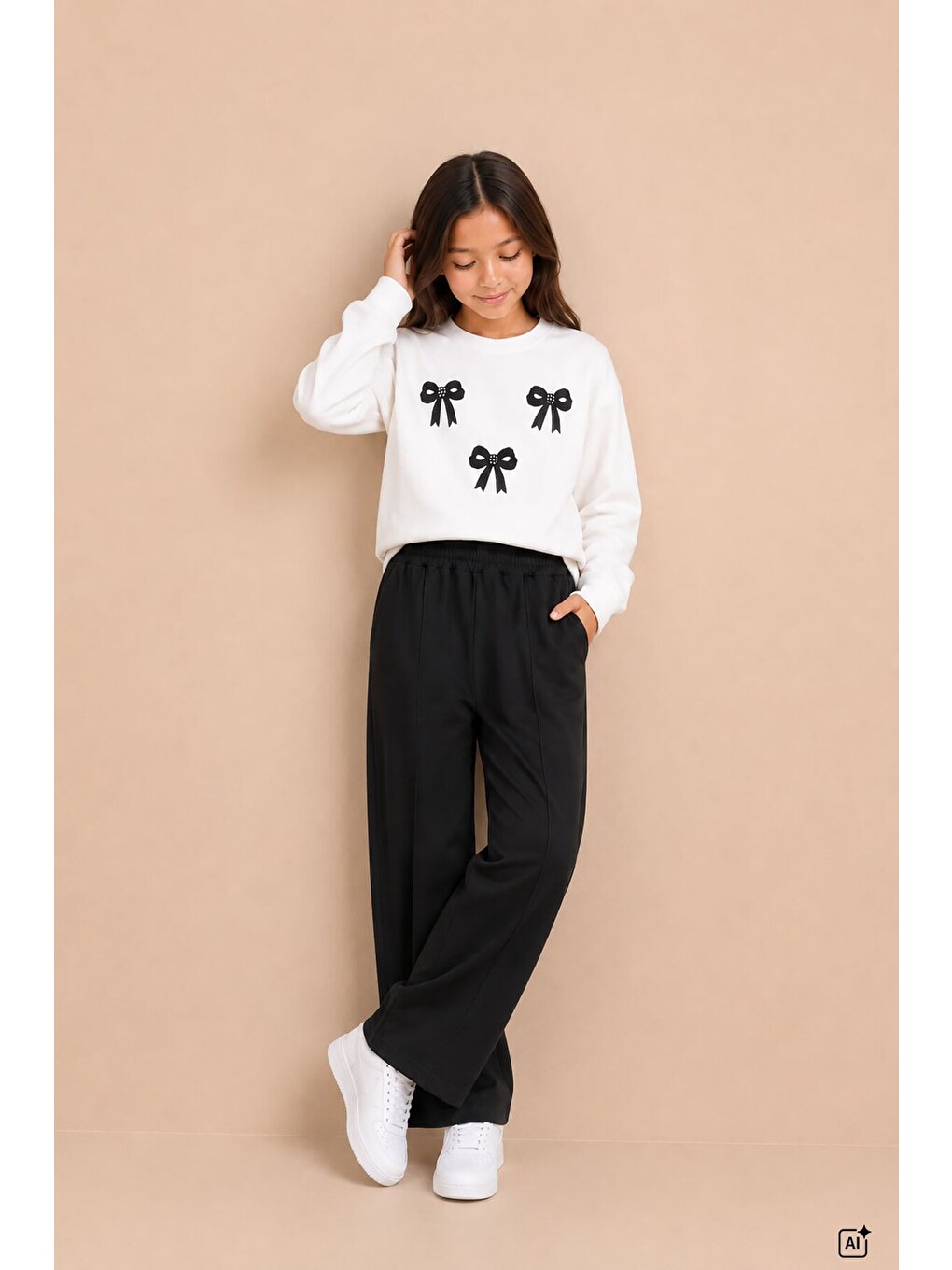 Siyah Kız Çocuk Fiyonk Desenli Sweatshirt Geniş Paça Eşofman Takımı 24823