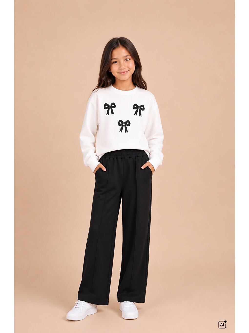 Siyah Kız Çocuk Fiyonk Desenli Sweatshirt Geniş Paça Eşofman Takımı 24823-1