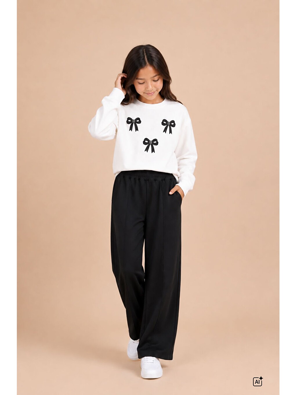 Siyah Kız Çocuk Fiyonk Desenli Sweatshirt Geniş Paça Eşofman Takımı 24823-2