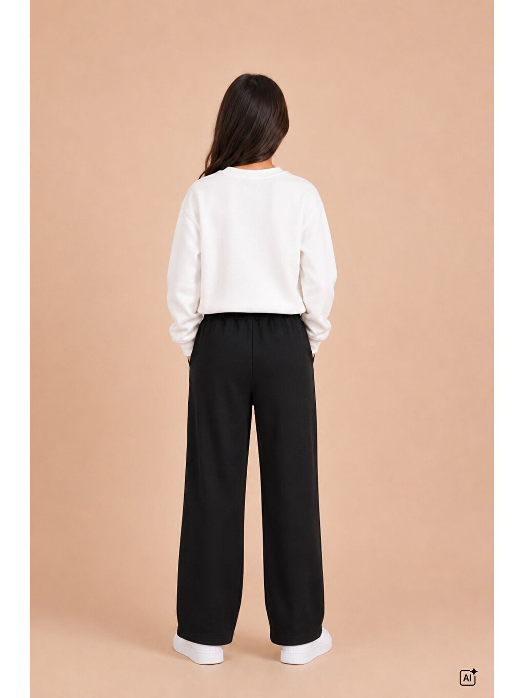 Siyah Kız Çocuk Fiyonk Desenli Sweatshirt Geniş Paça Eşofman Takımı 24823-3