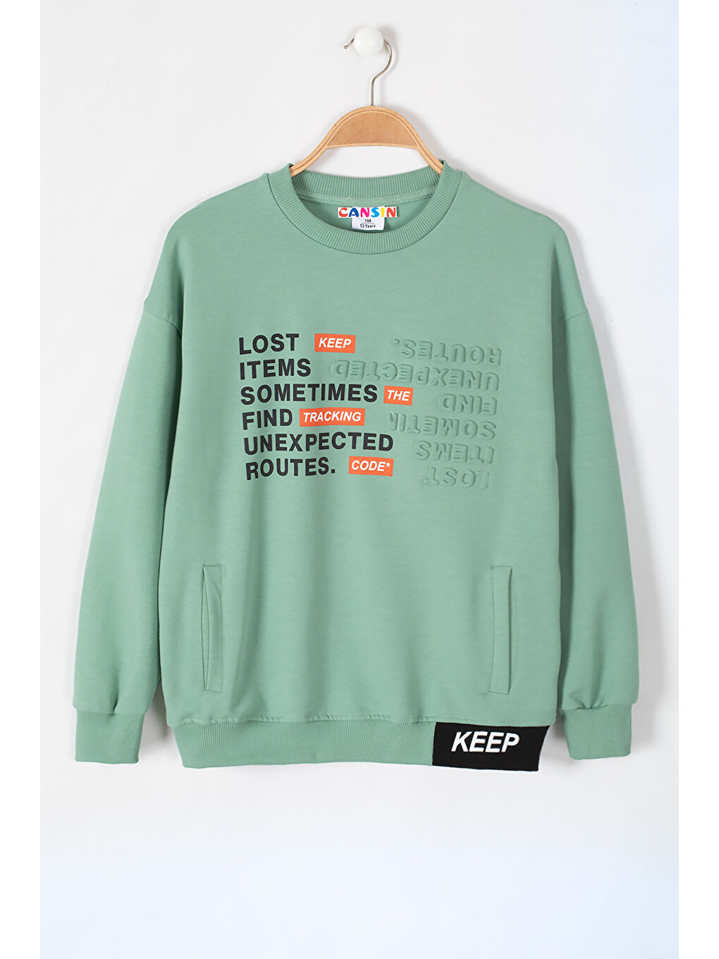 Cansın Mini Yeşil Keep Yazı Şeritli Kanguru Cepli Erkek Çocuk Sweatshirt 19636