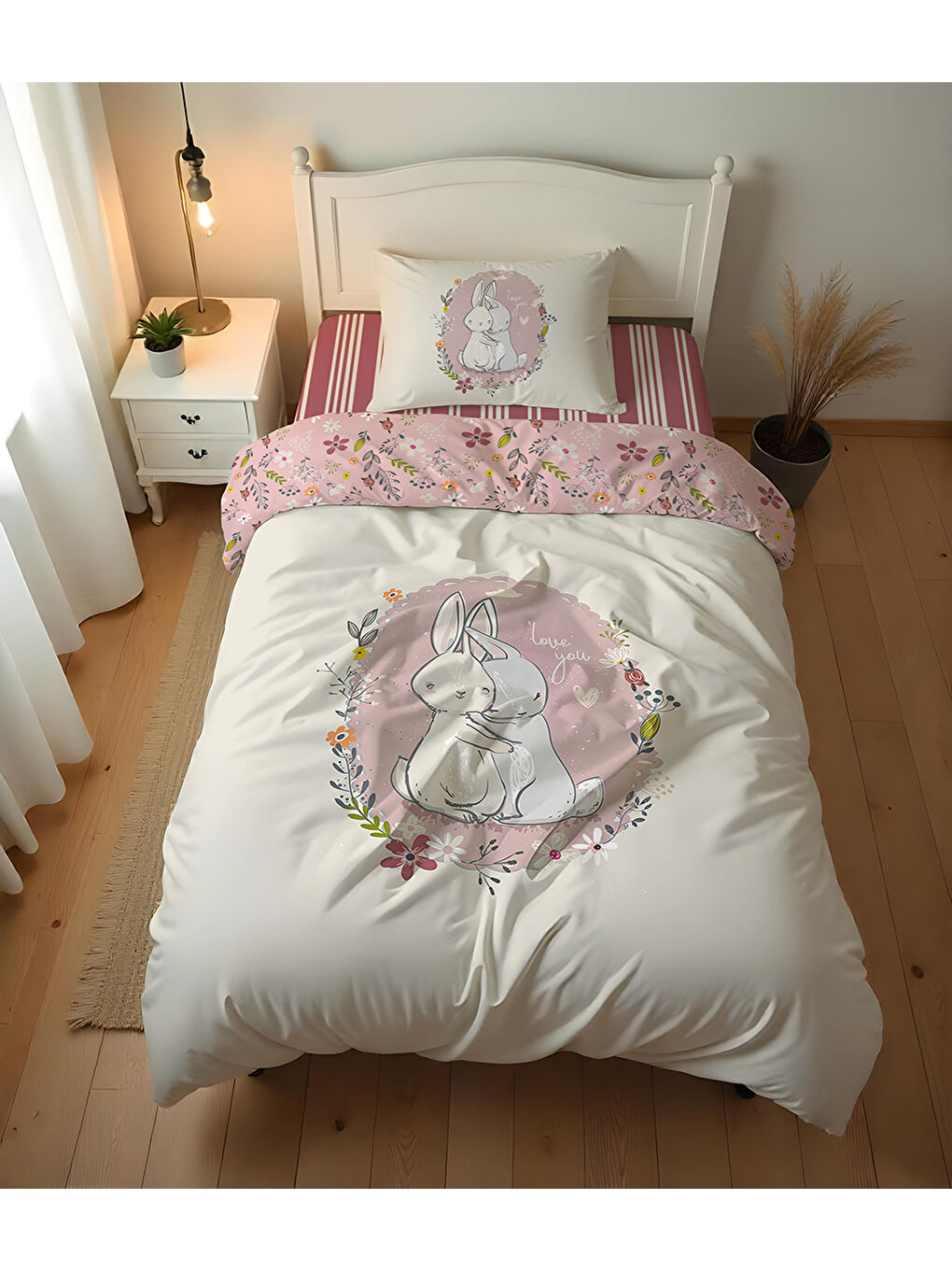 Karışık Tavşan Desenli Çarşafsız 2'li Takım Baskılı Tek Kişilik Nevresim Takımı 160x220 cm