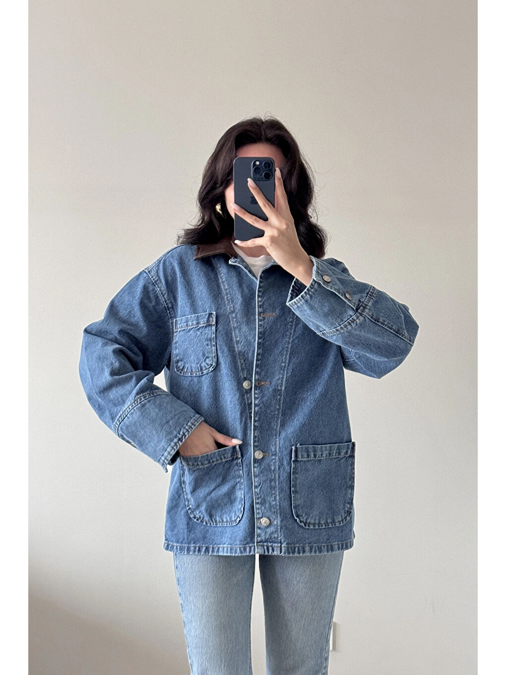 Kadın Mavi Deri Yaka Jean Mont 0570-1