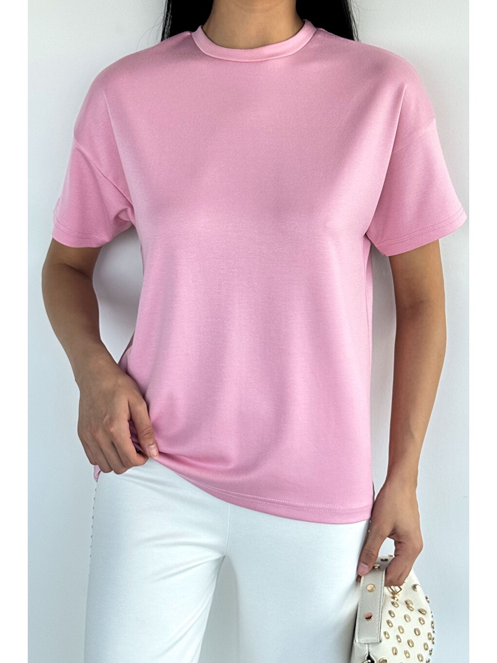 Pembe Bisiklet Yaka Kadın Tişört-2