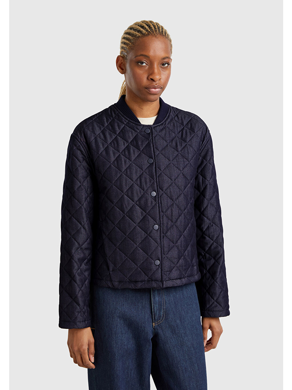 Kadın Lacivert Viskoz Karışımlı Denim Efekkli Kapitone Mont