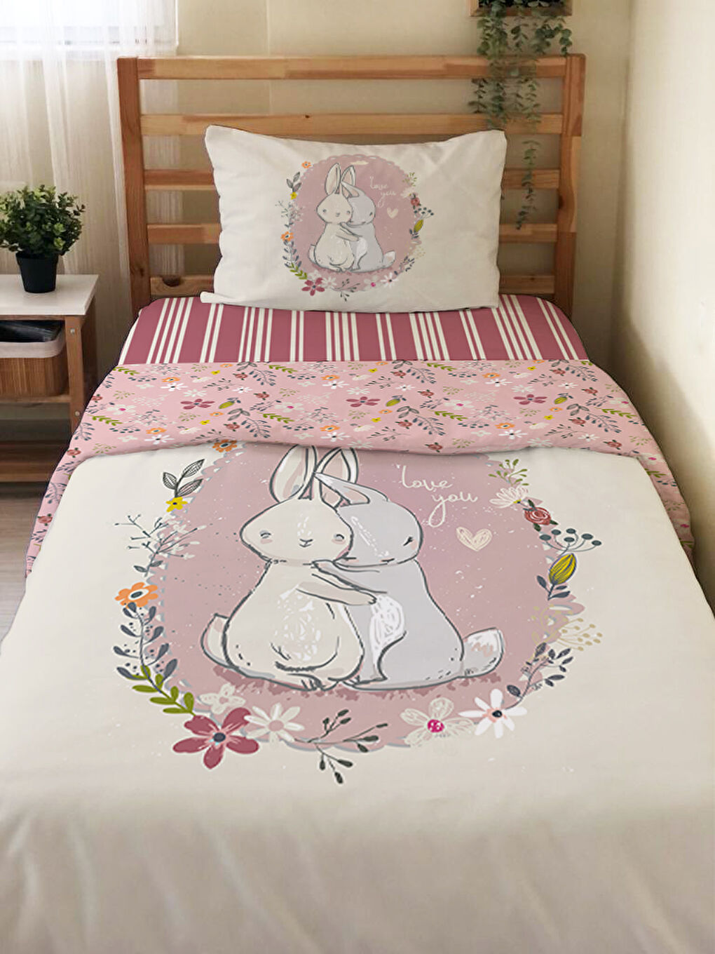 Karışık Tavşan Desenli Çarşafsız 2'li Takım Baskılı Tek Kişilik Nevresim Takımı 160x220 cm-1