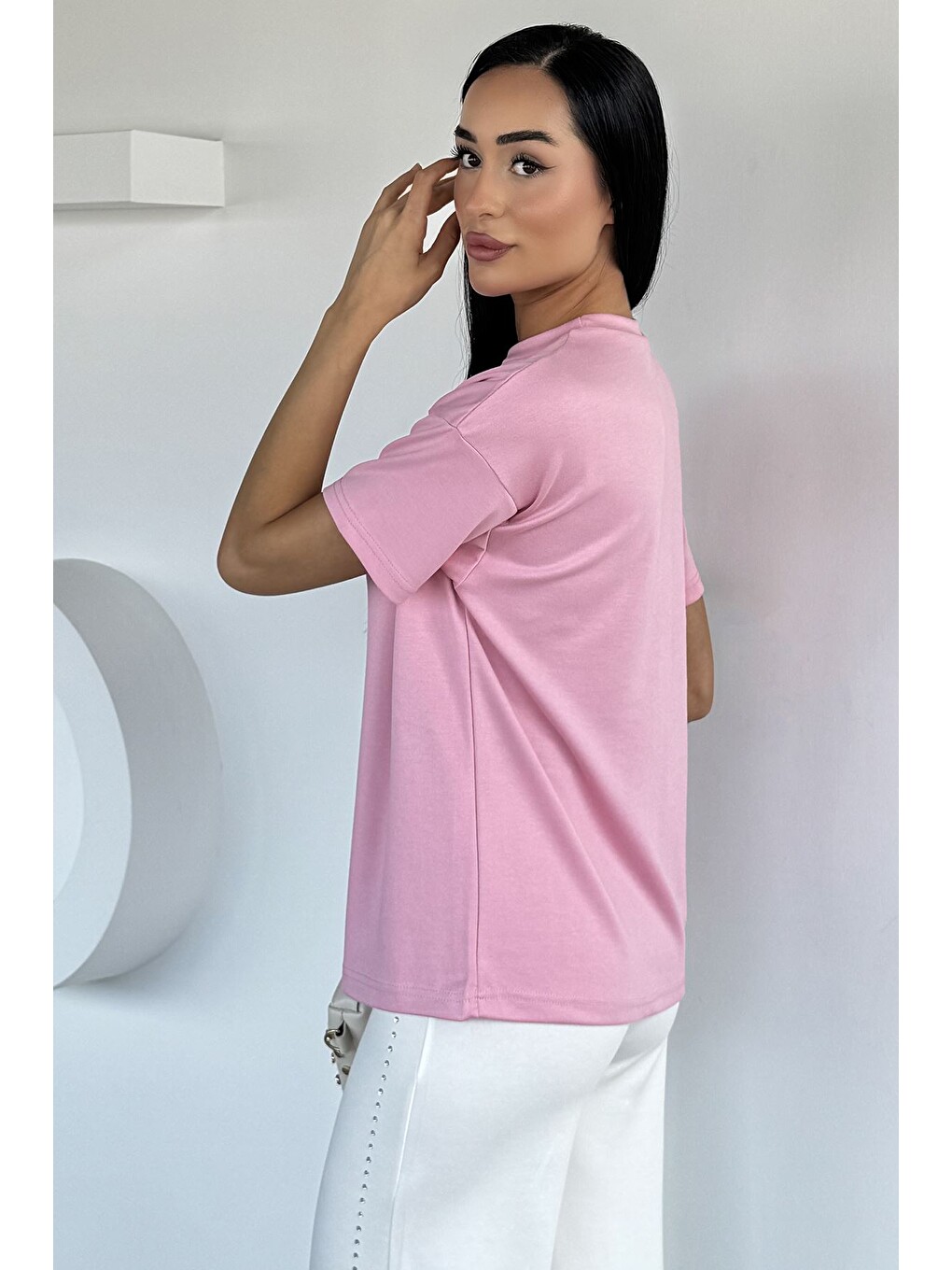 Pembe Bisiklet Yaka Kadın Tişört-3