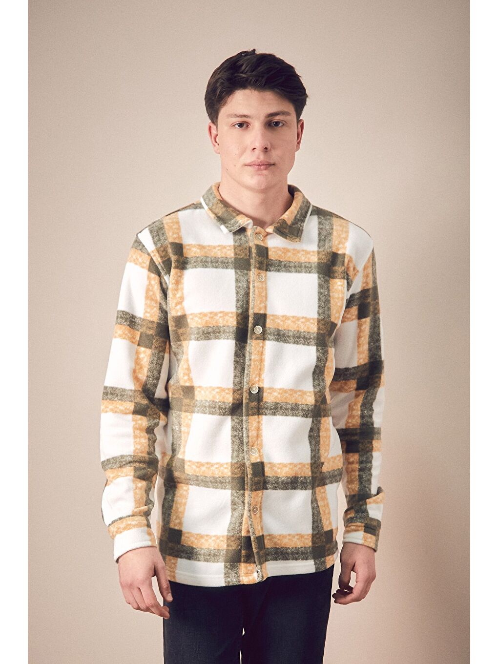 Haki Ekose Desenli Polar Gömlek