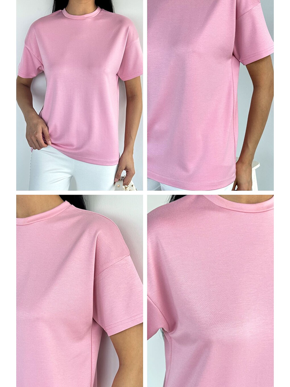 Pembe Bisiklet Yaka Kadın Tişört-4