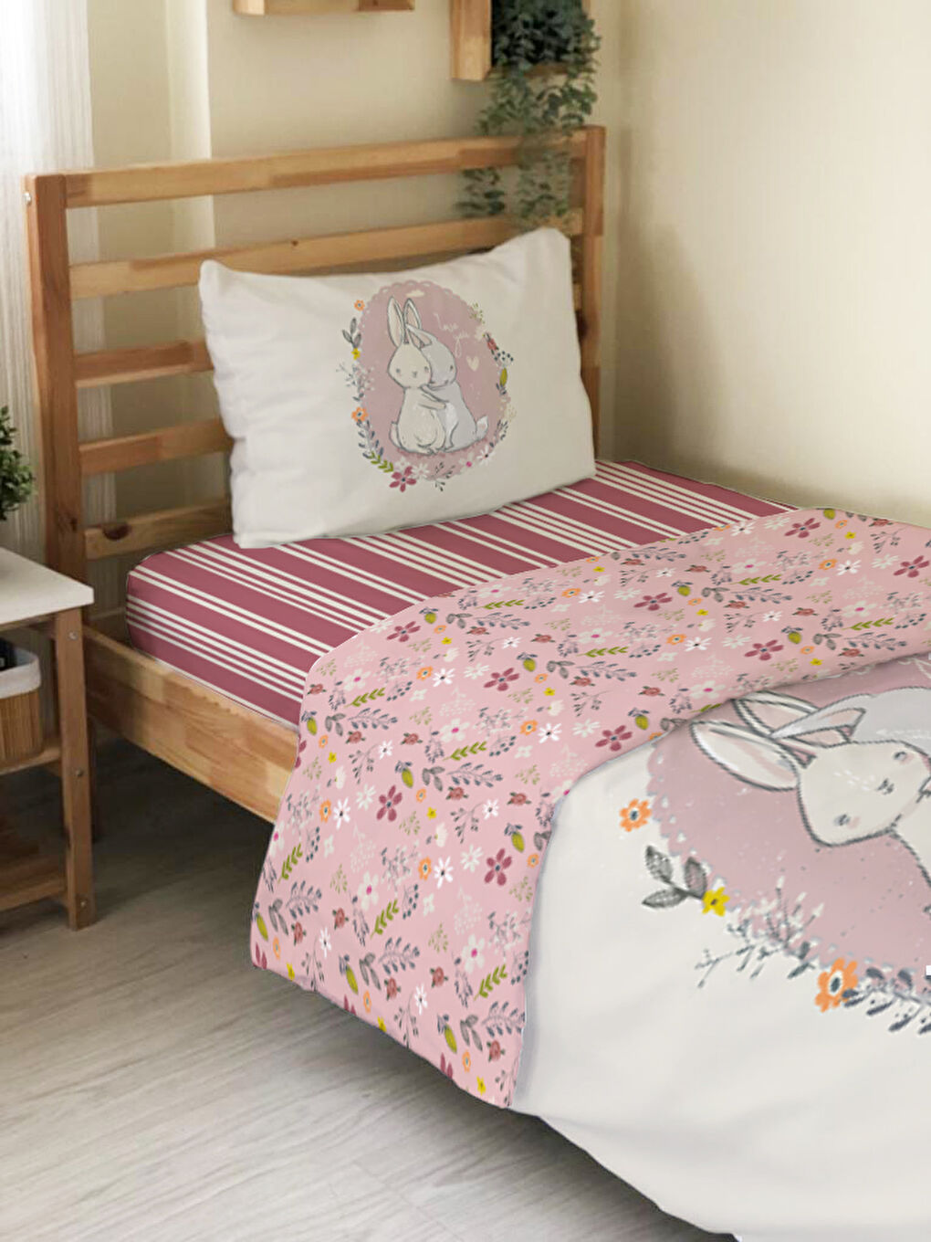 Karışık Tavşan Desenli Çarşafsız 2'li Takım Baskılı Tek Kişilik Nevresim Takımı 160x220 cm-2