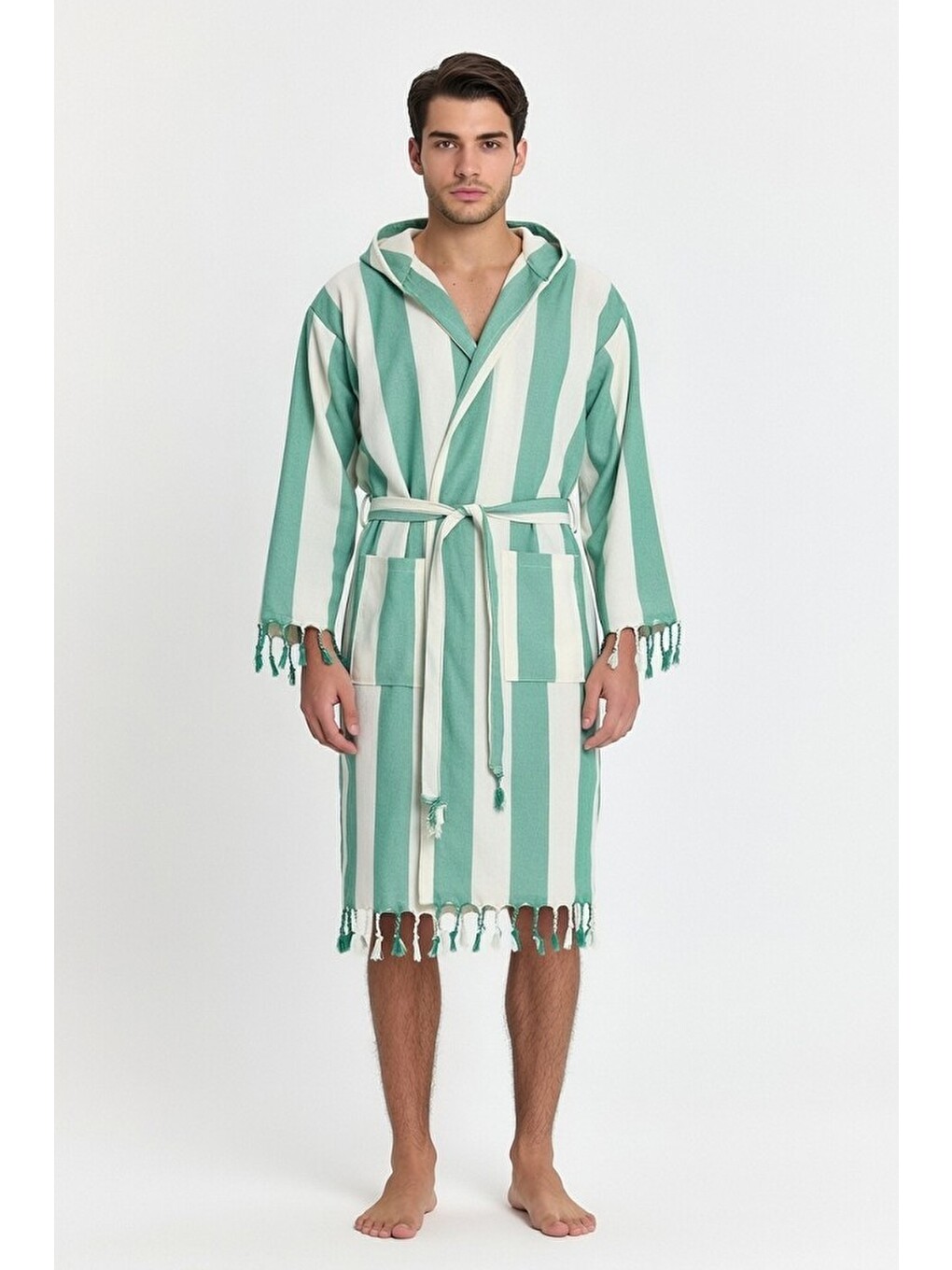 Yeşil Erkek Striped Peştemal Bornoz %100 Pamuk Plaj Bornoz