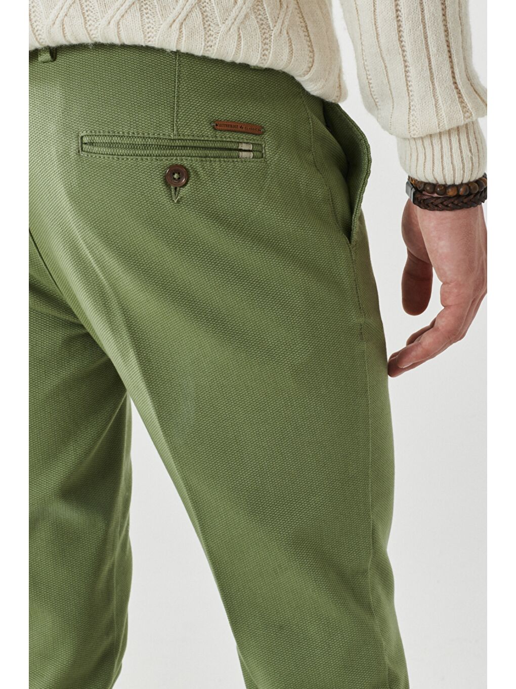 Erkek Yeşil Slim Fit Dar Kesim Armürlü Yan Cep Casual Pantolon-4