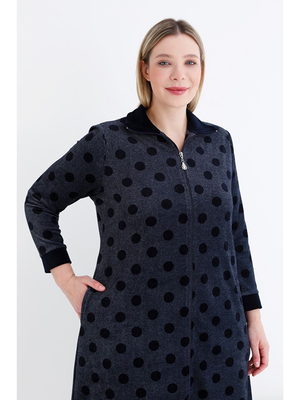 Lacivert Kadın Puantiyeli Fermuarlı Cepli Pamuklu Kadife Büyük Beden Elbise-1