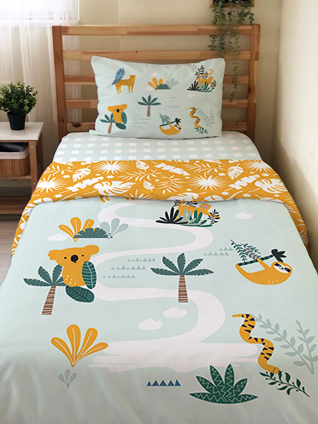 Karışık Sevimli Hayvan Desenli Çarşafsız 2'li Takım Baskılı Tek Kişilik Nevresim Takımı 160x220 cm-1