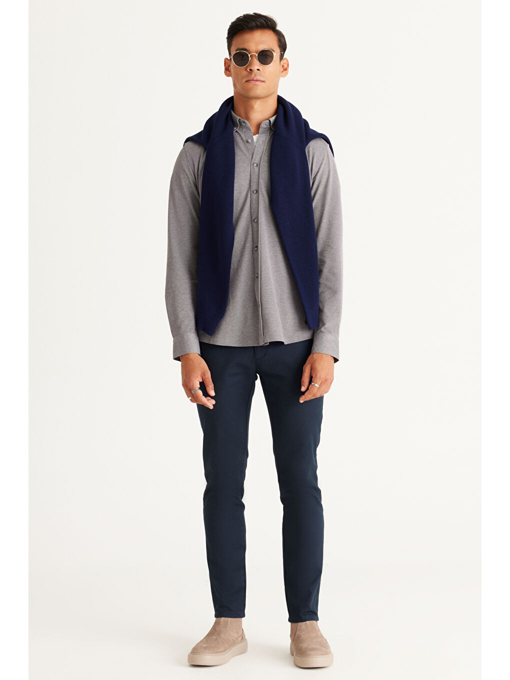 Erkek Gri Slim Fit Dar Kesim Düğmeli Yaka Pike Desenli Örme Gömlek-2