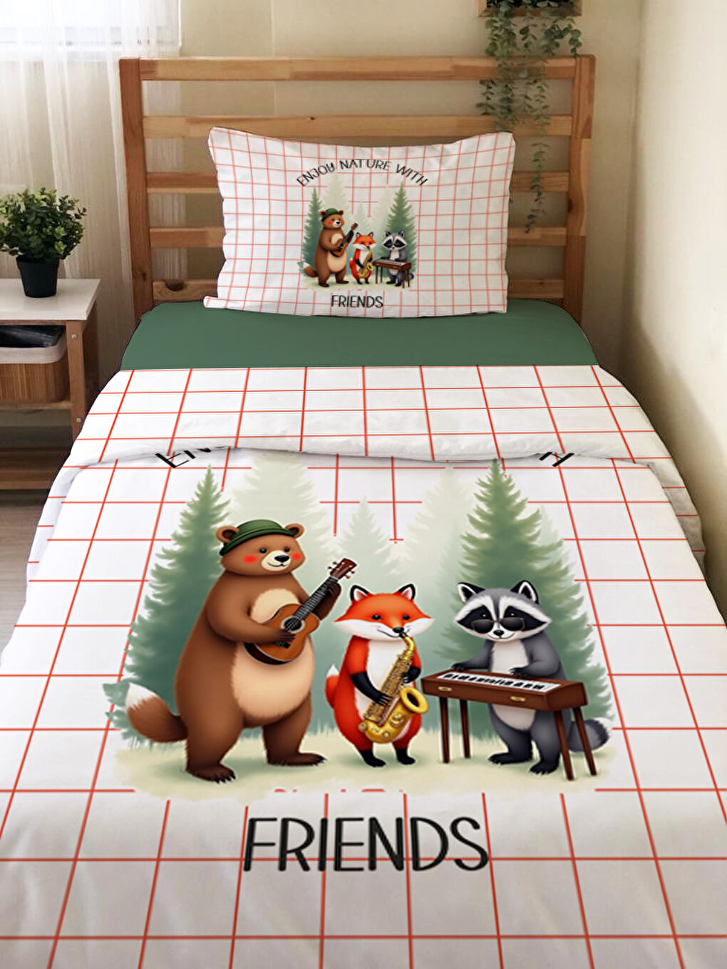 Karışık Sevimli Hayvan Desenli Çarşafsız 2'li Takım Baskılı Tek Kişilik Nevresim Takımı 160x220 cm-1