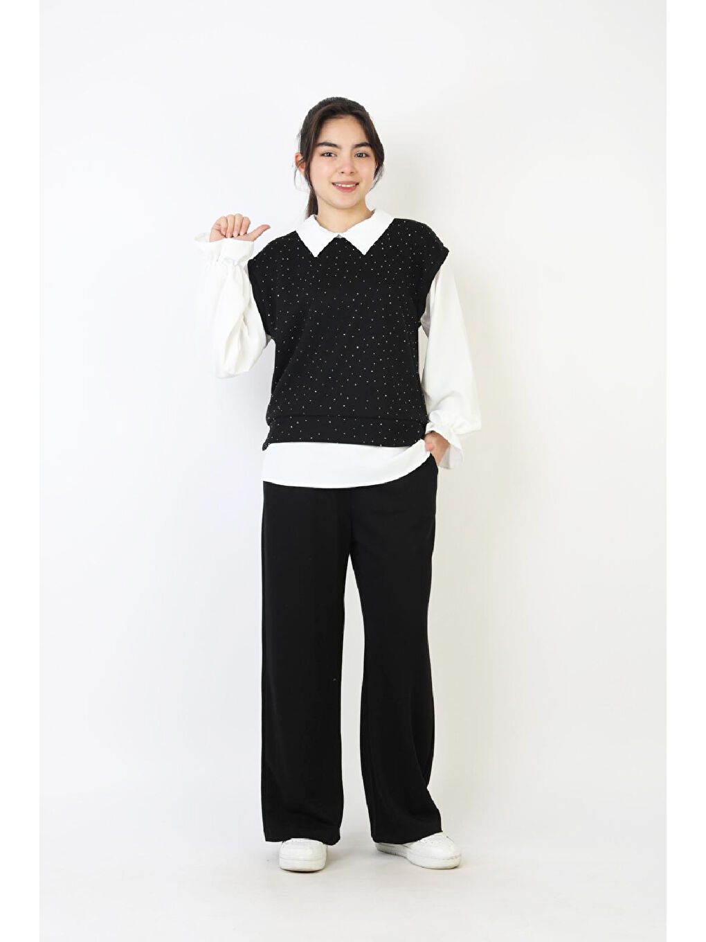 Siyah Kız Çocuk 3'lü Takım - Double Face Kumaş-Taş Süslemeli ve Geniş Paçalı 12509-1