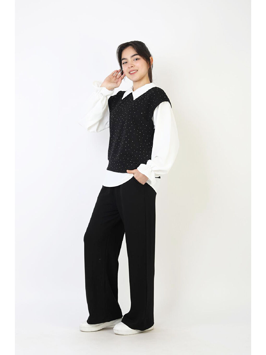 Siyah Kız Çocuk 3'lü Takım - Double Face Kumaş-Taş Süslemeli ve Geniş Paçalı 12509-2