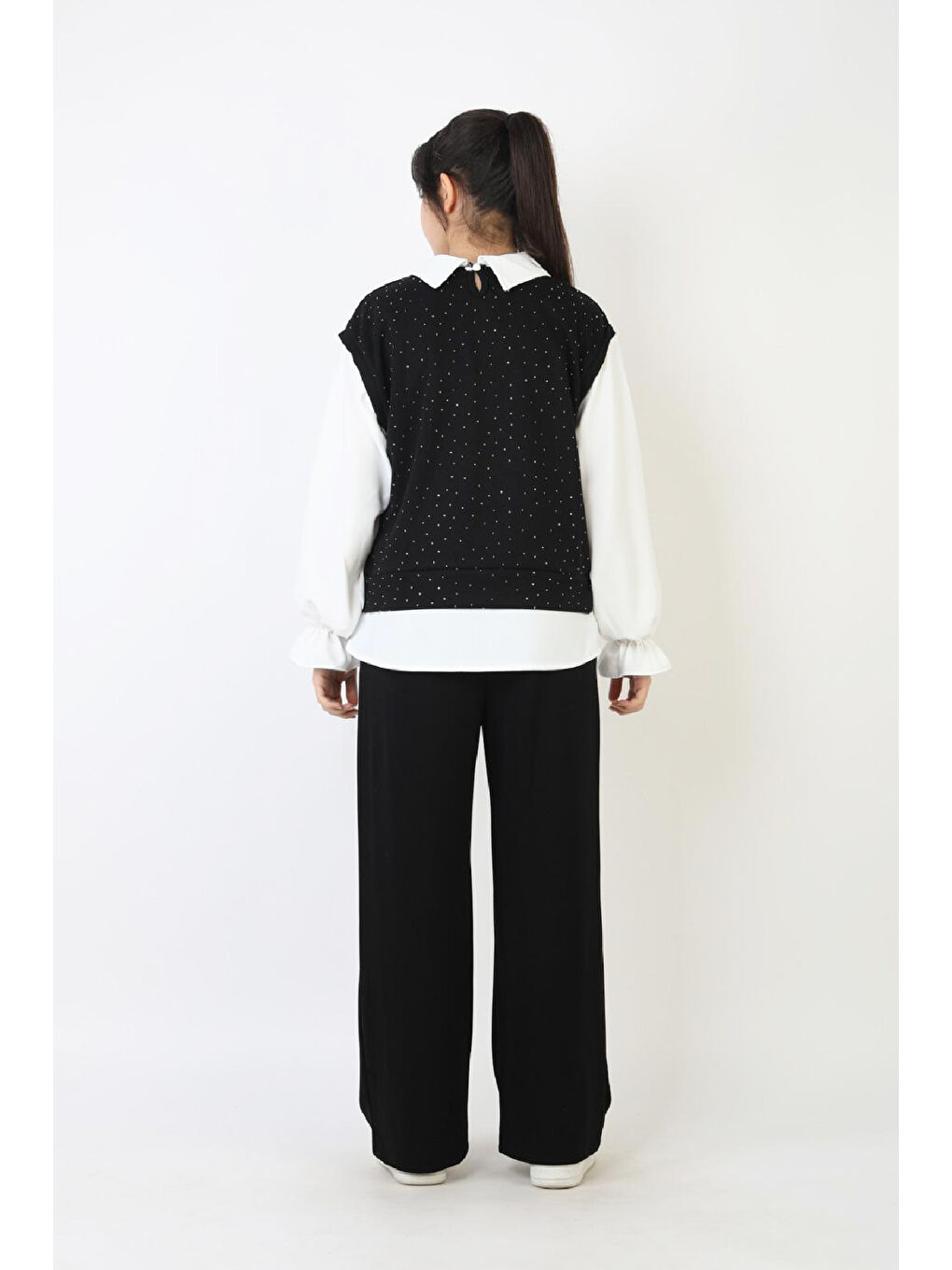 Siyah Kız Çocuk 3'lü Takım - Double Face Kumaş-Taş Süslemeli ve Geniş Paçalı 12509-4