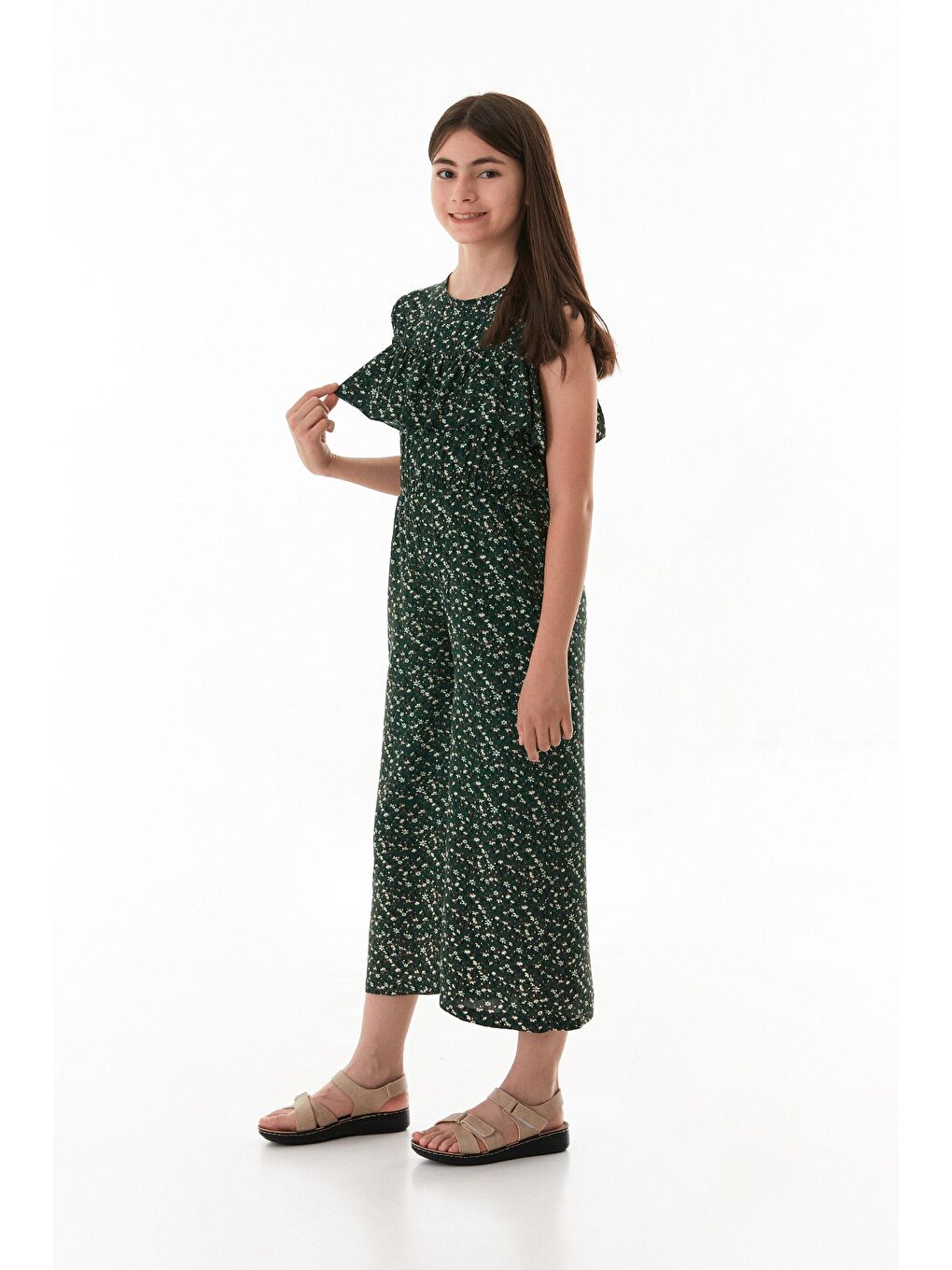 Yeşil Çiçekli Beli Lastikli Cepli Kız Çocuk Tulum-1