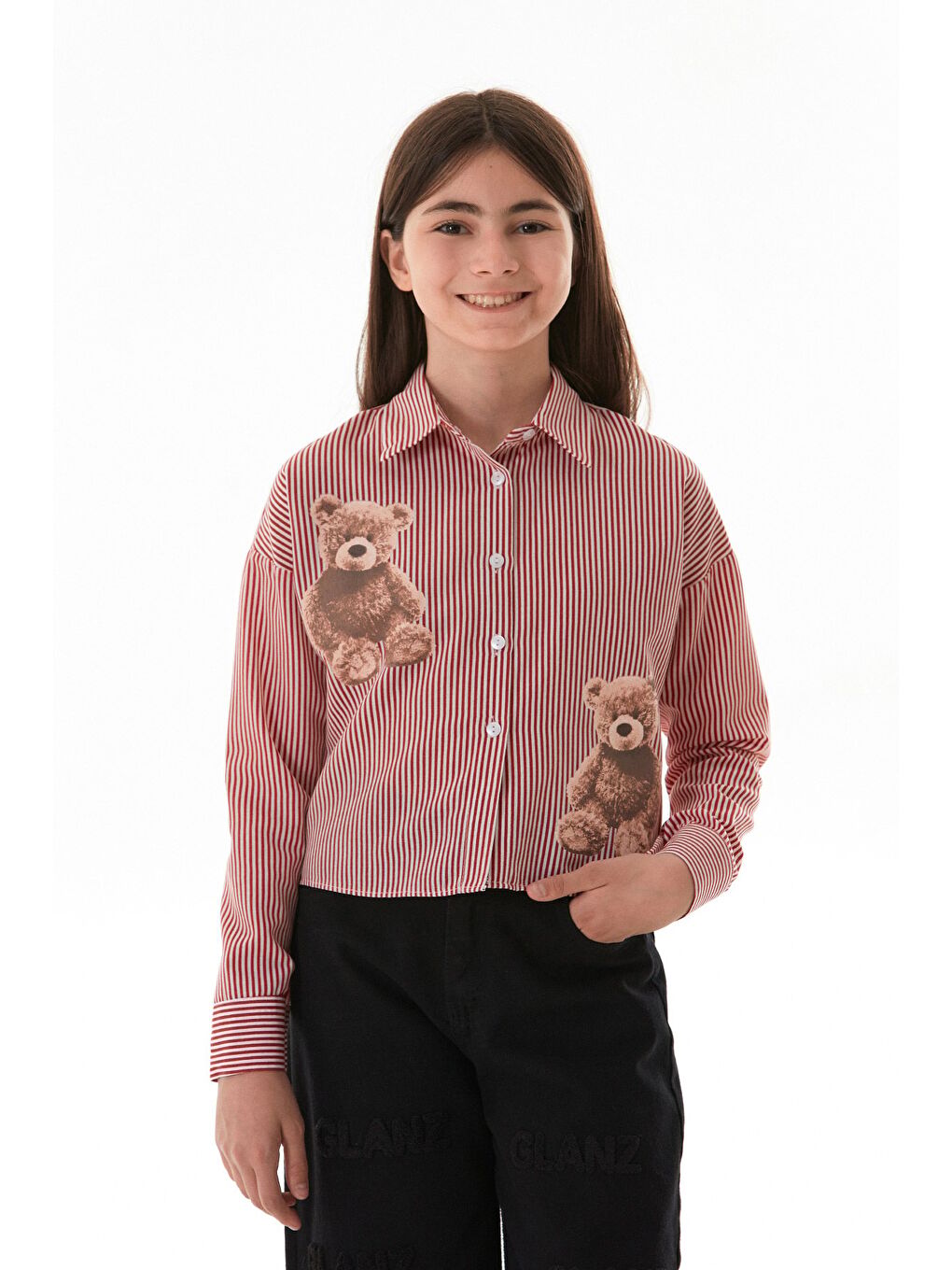 Kırmızı Ayıcık Baskılı Çizgili Kız Çocuk Gömlek