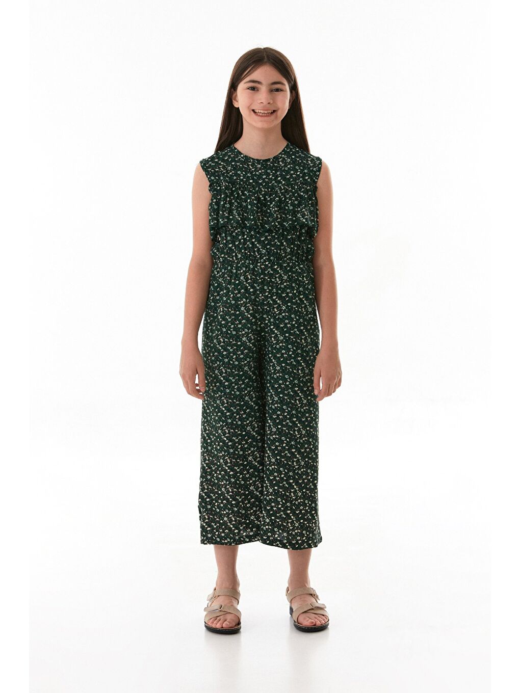 Yeşil Çiçekli Beli Lastikli Cepli Kız Çocuk Tulum-2