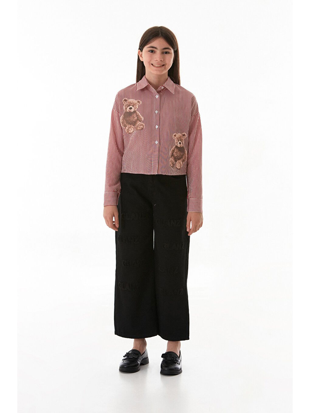 Kırmızı Ayıcık Baskılı Çizgili Kız Çocuk Gömlek-1