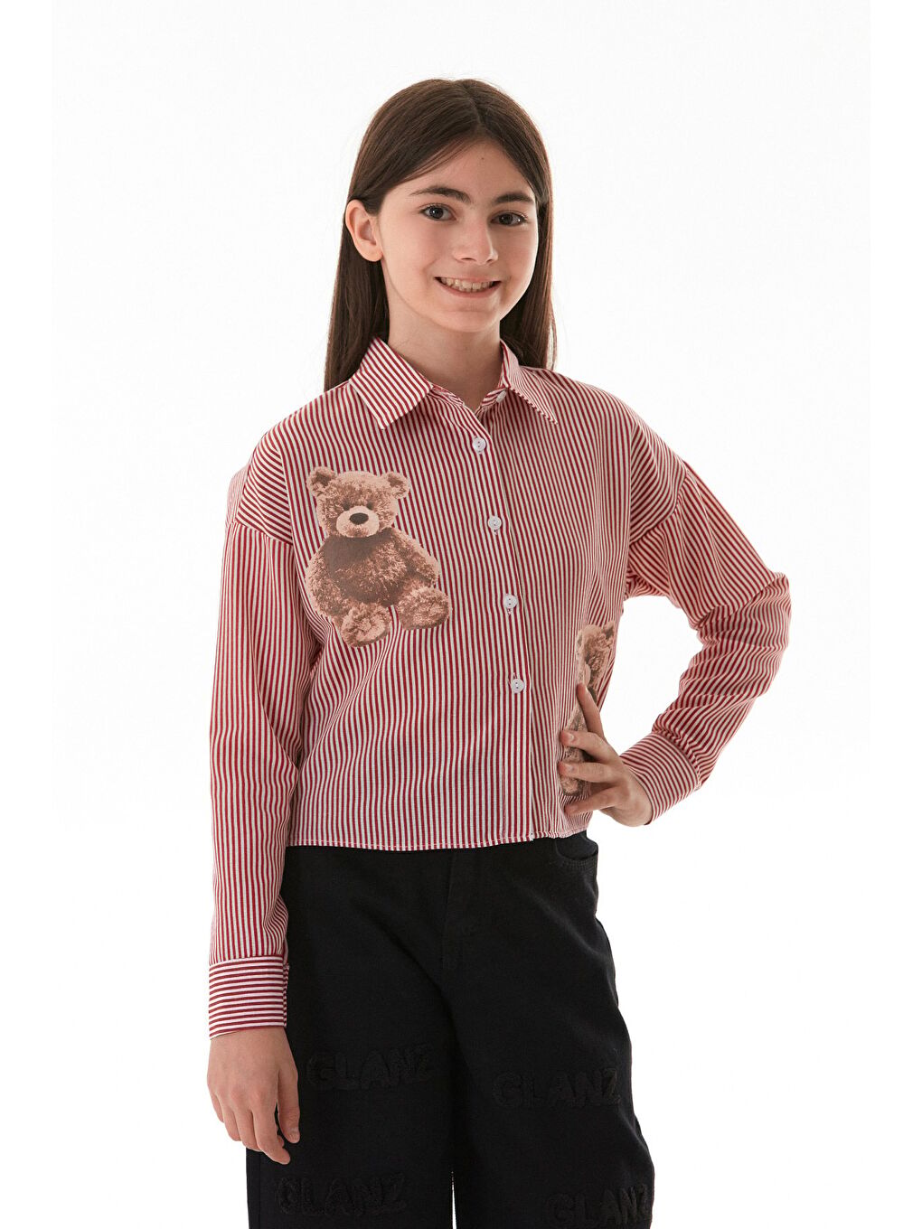 Kırmızı Ayıcık Baskılı Çizgili Kız Çocuk Gömlek-2
