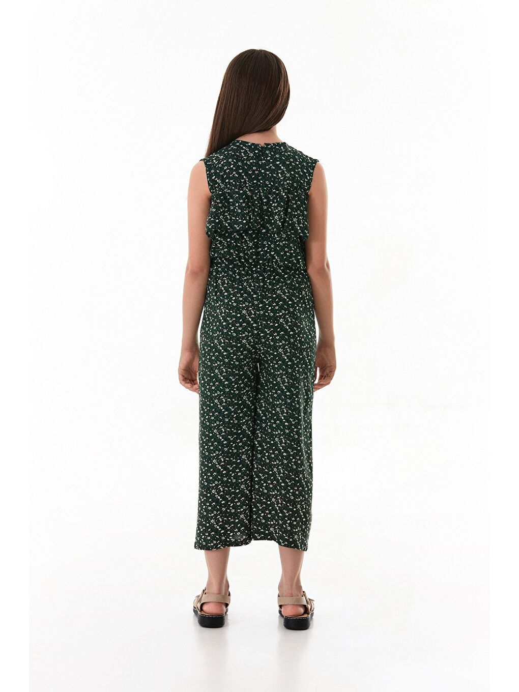 Yeşil Çiçekli Beli Lastikli Cepli Kız Çocuk Tulum-4