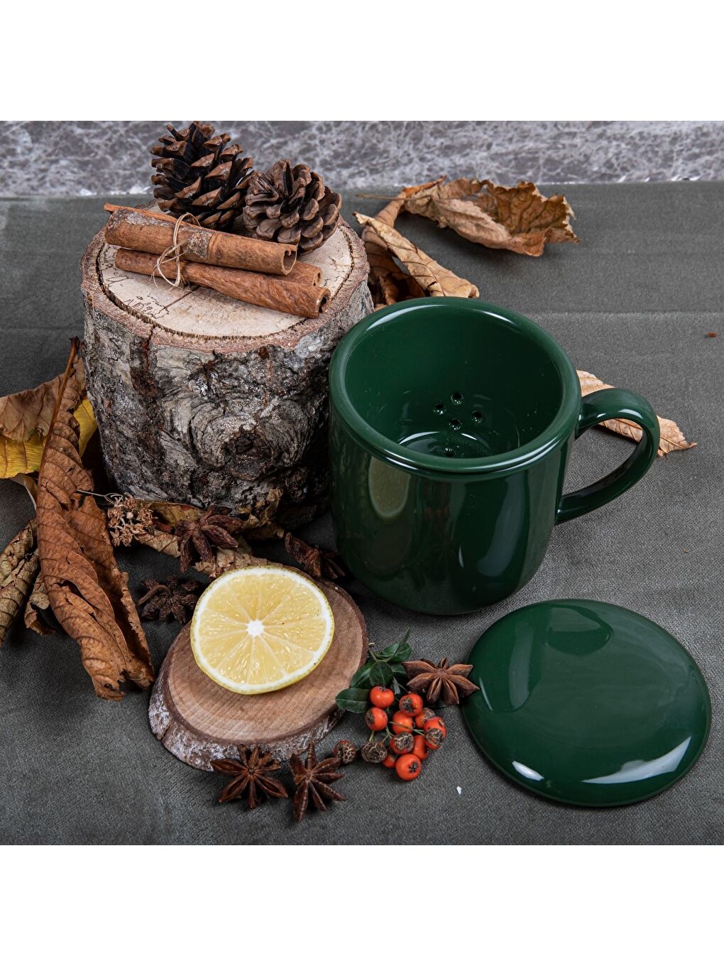 Ekru 3 Parça Bone Süzgeçli Bitki Çayı Bardağı - Yeşil