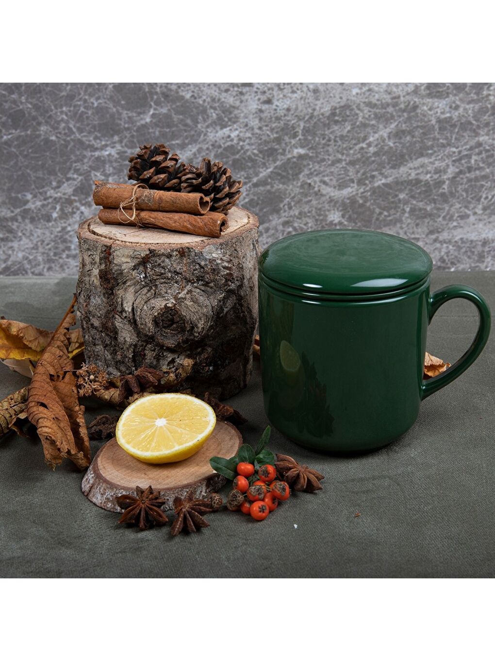 Ekru 3 Parça Bone Süzgeçli Bitki Çayı Bardağı - Yeşil-1