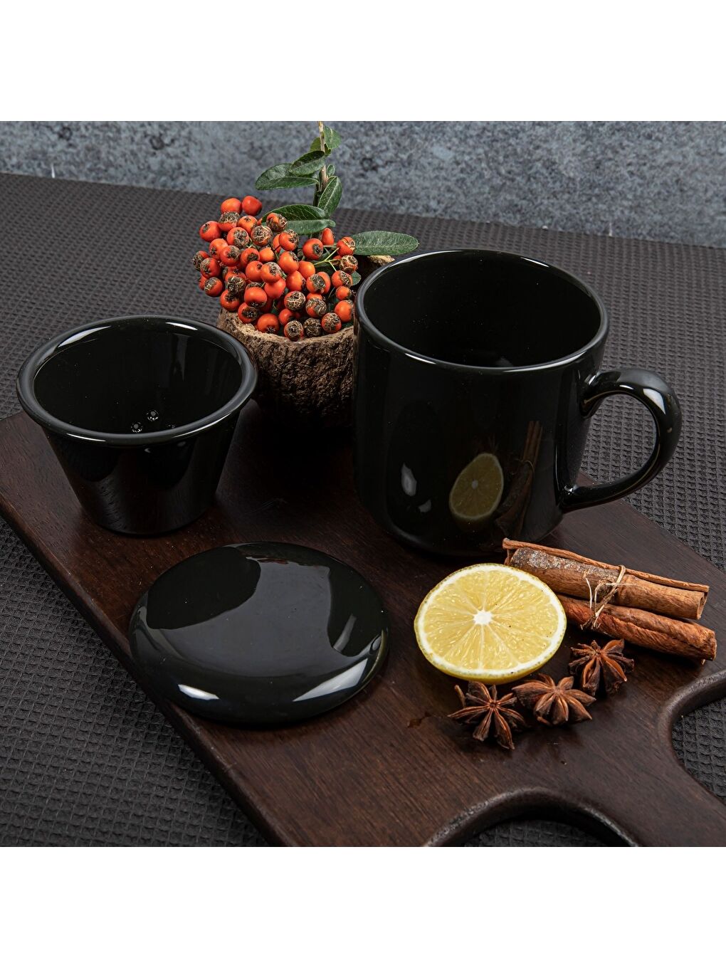 Ekru 3 Parça Bone Süzgeçli Bitki Çayı Bardağı - Siyah-2