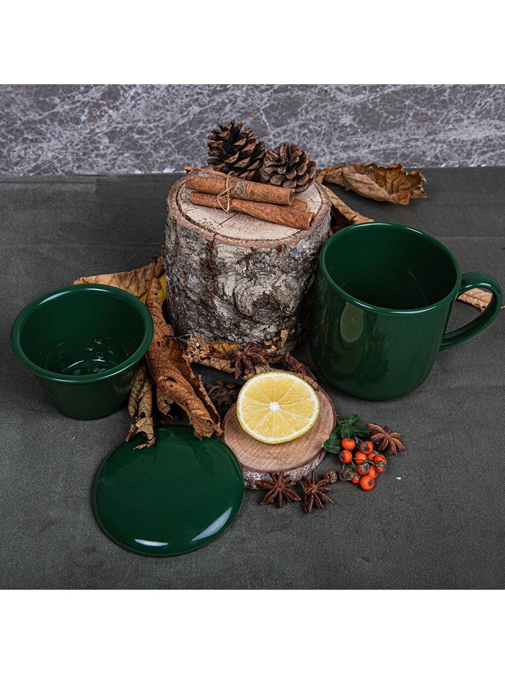 Ekru 3 Parça Bone Süzgeçli Bitki Çayı Bardağı - Yeşil-2