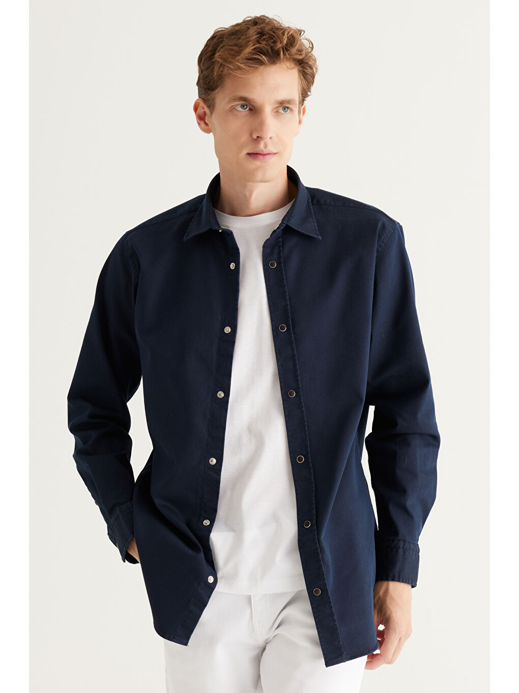 Erkek Lacivert Comfort Fit Rahat Kesim Pamuklu Diyagonal Desenli Gömlek