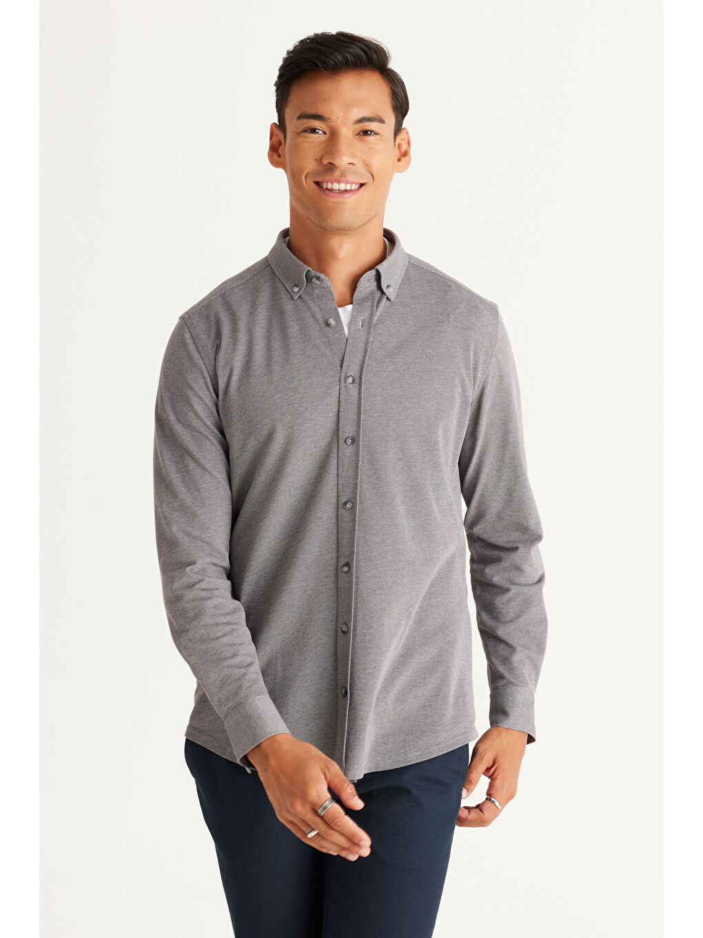 Erkek Gri Slim Fit Dar Kesim Düğmeli Yaka Pike Desenli Örme Gömlek-4