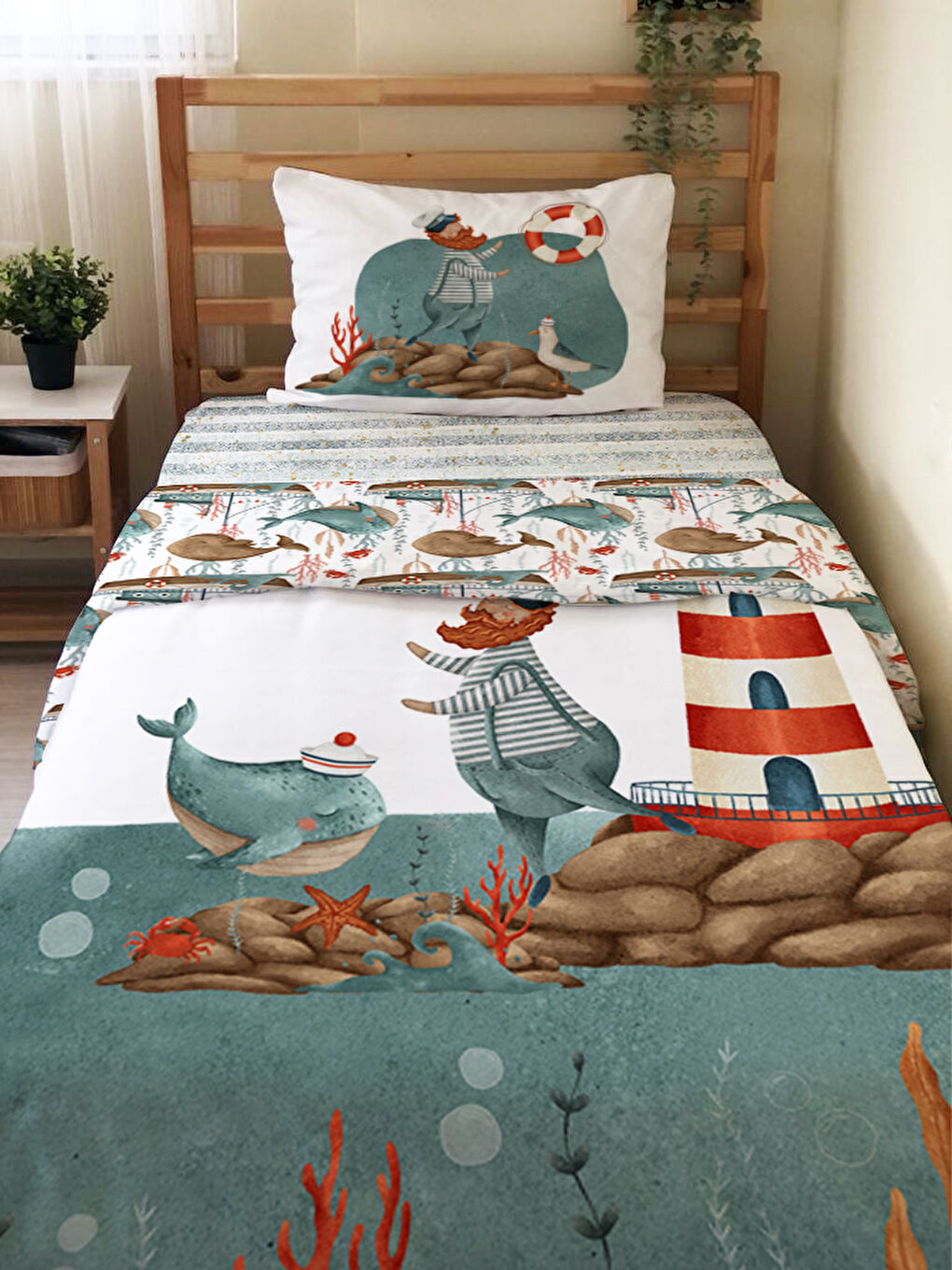 Karışık Balina Desenli Çarşafsız 2'li Takım Baskılı Tek Kişilik Nevresim Takımı 160x220 cm-1