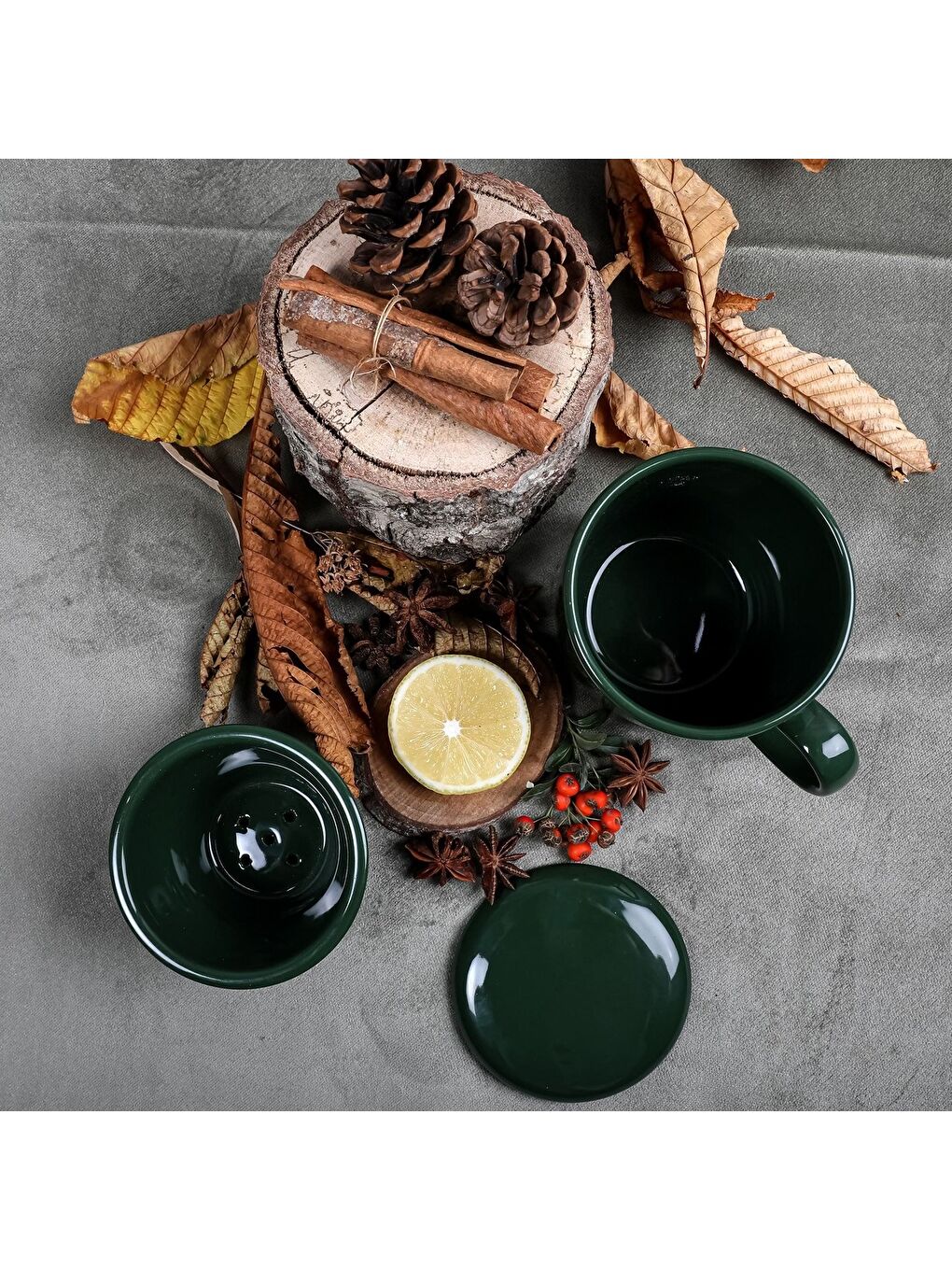 Ekru 3 Parça Bone Süzgeçli Bitki Çayı Bardağı - Yeşil-3