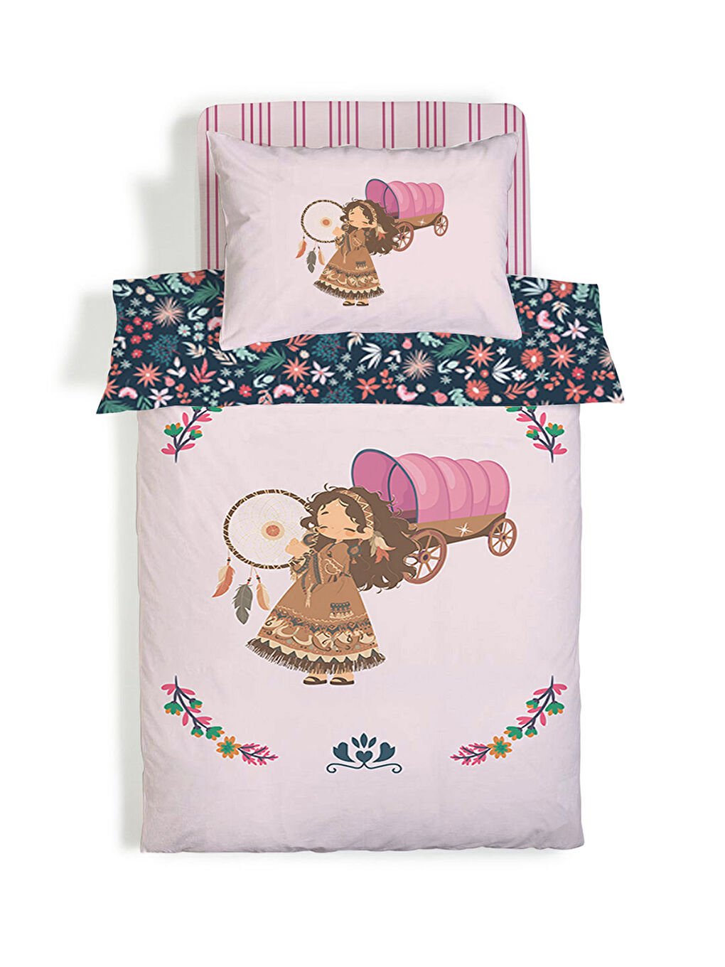 Karışık Kız Desenli Çarşafsız 2'li Takım Baskılı Tek Kişilik Nevresim Takımı 160x220 cm-3